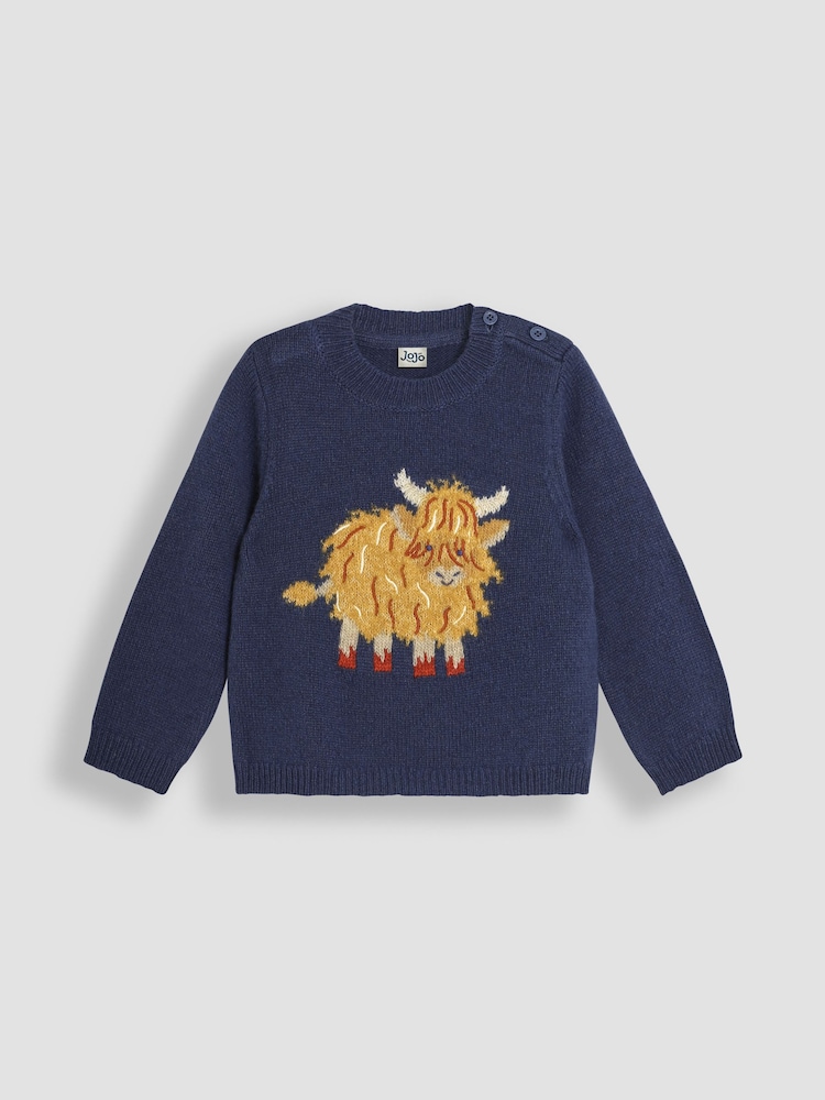 JoJo Maman Bébé Denim Highland Cow Jumper - Image 1 of 3