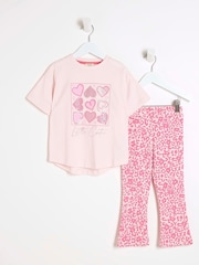 River Island Pink Girls Pink Heart Box 100% Cotton Top and Kickflare Set - Image 1 of 4