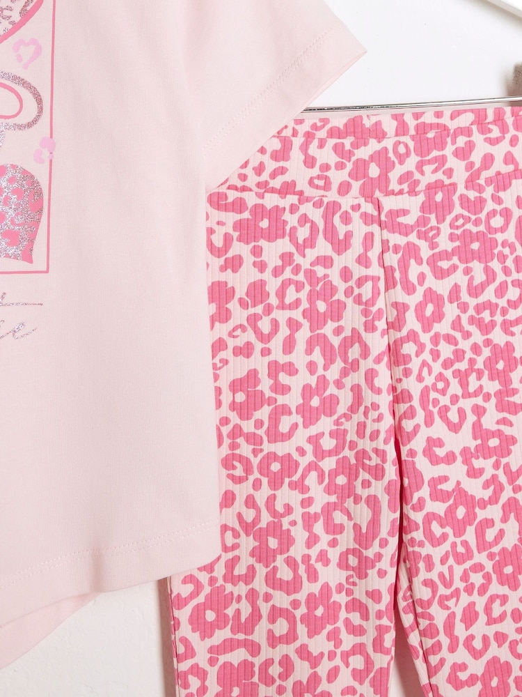 River Island Pink Girls Pink Heart Box 100% Cotton Top and Kickflare Set - Image 4 of 4