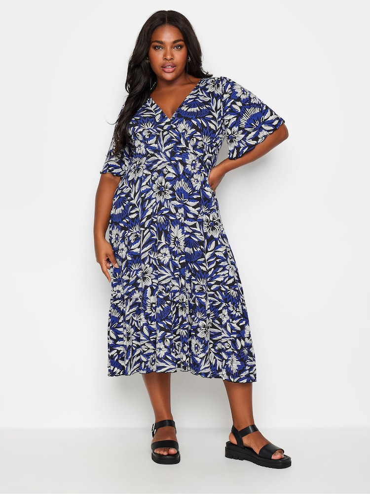 Yours Curve Blue Floral Angel Sleeve Midi Dress - Image 1 of 5