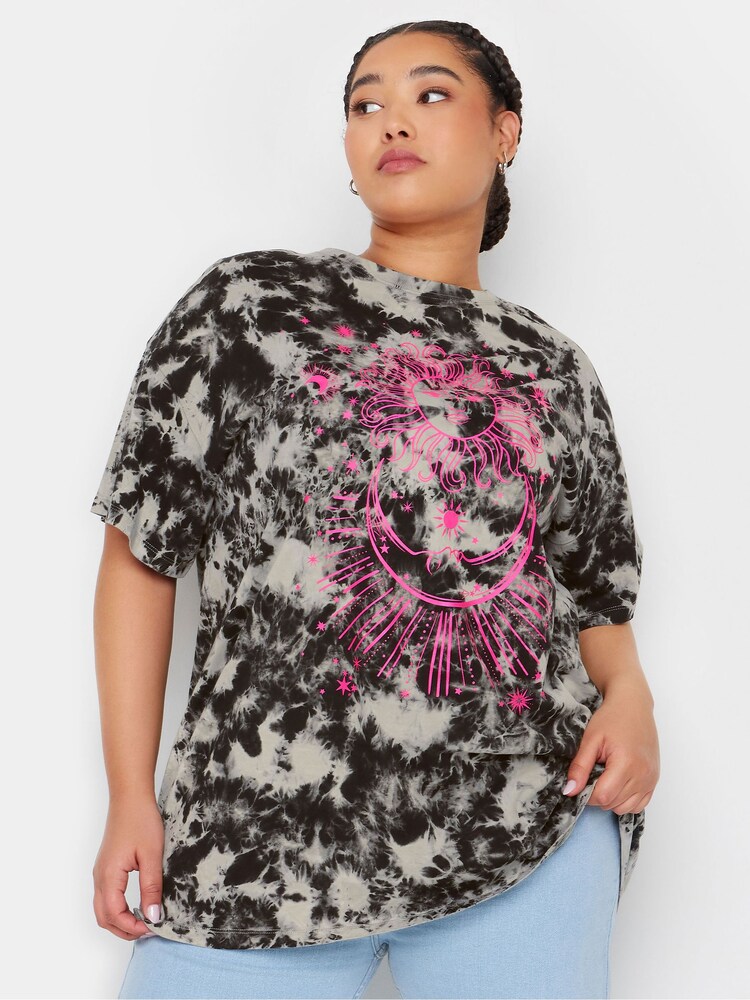 Yours Curve Black 100% Cotton Astrology Print Tie Dye T-Shirt - Image 1 of 5