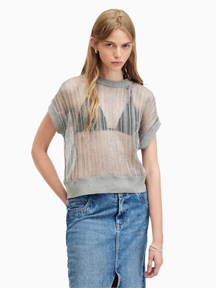 AllSaints Silver 100% Cotton Giana T-Shirt - Image 1 of 6
