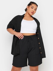 Yours Curve Black Crinkle Runner Shorts - Image 1 of 5