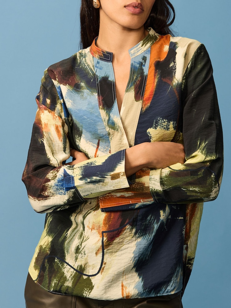 Multicoloured Abstract Print Long Sleeve Textured Overhead V-Neck Blouse - Image 3 of 9