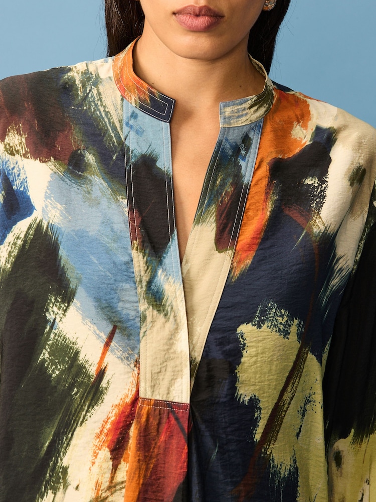 Multicoloured Abstract Print Long Sleeve Textured Overhead V-Neck Blouse - Image 4 of 9