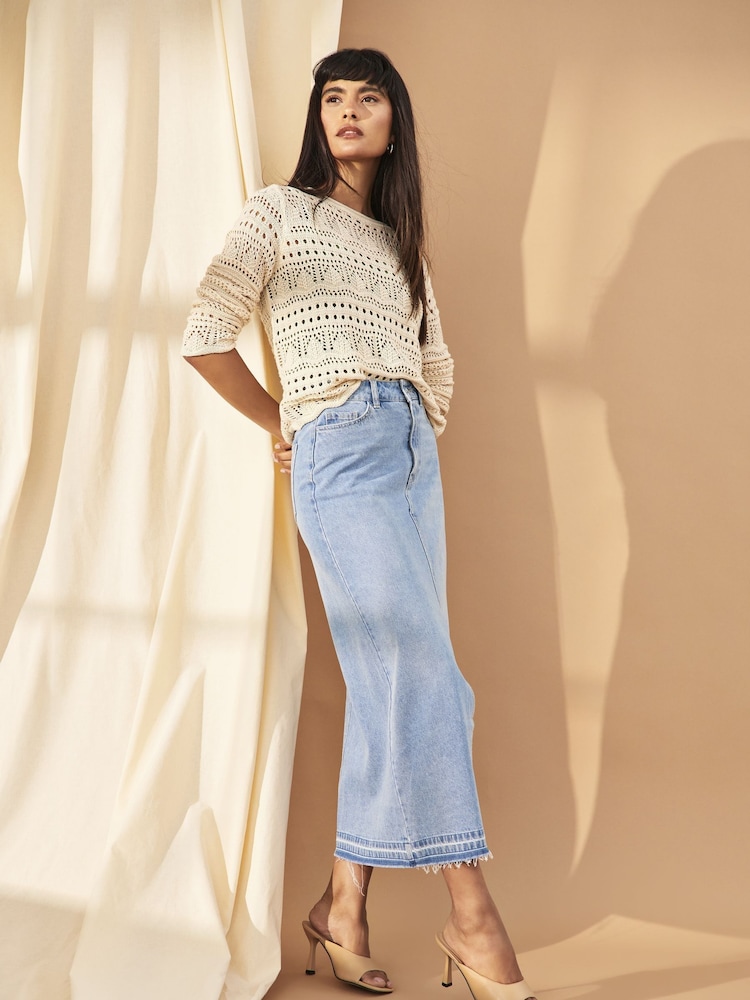 JDY Blue Split Front Denim Maxi Skirt - Image 1 of 8