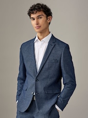 Navy Blue Check Slim Fit Poly Wool Blend Jacket - Image 1 of 4