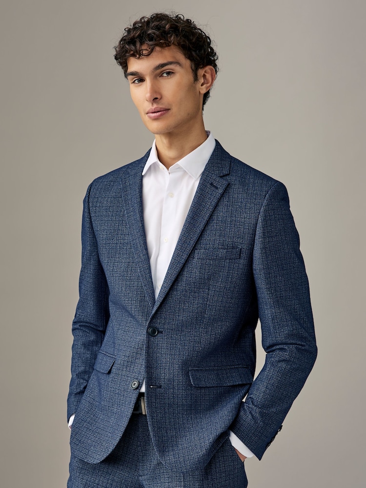 Navy Blue Check Slim Fit Poly Wool Blend Jacket - Image 1 of 4