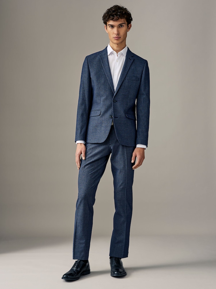 Navy Blue Check Slim Fit Poly Wool Blend Jacket - Image 2 of 4