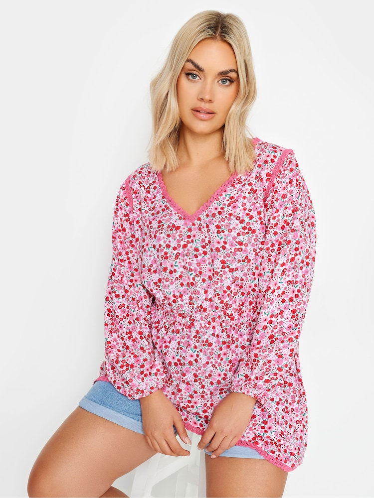 Yours Curve Pink Ditsy Floral Print Smock Top - Image 1 of 5