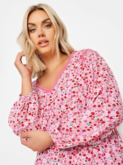 Yours Curve Pink Ditsy Floral Print Smock Top - Image 4 of 5