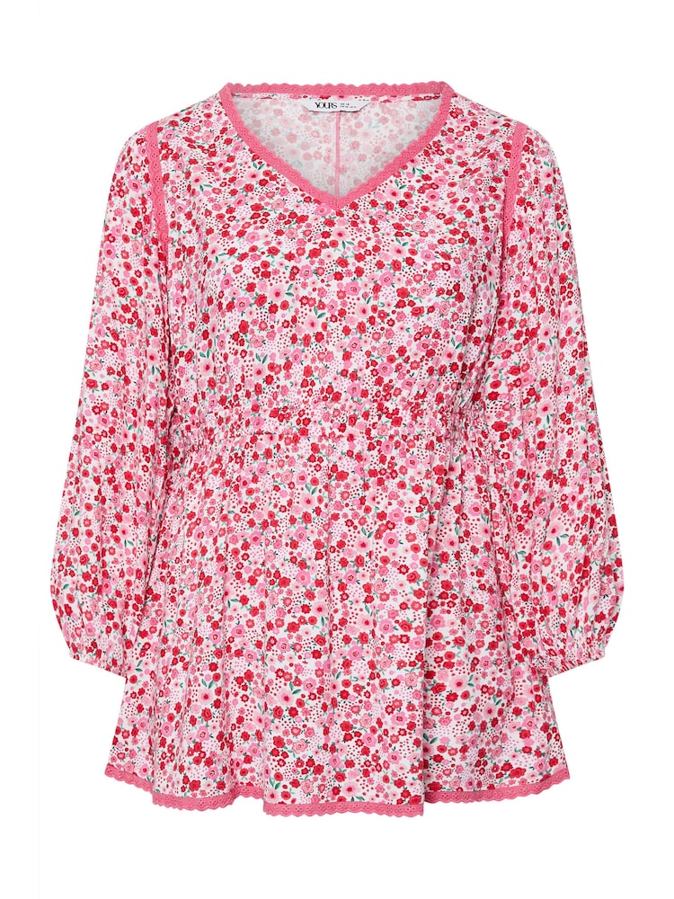 Yours Curve Pink Ditsy Floral Print Smock Top - Image 5 of 5