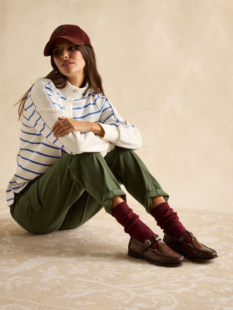 Joules Southwold Cream/Blue Cotton Button Down Striped Sweatshirt - Image 4 of 8