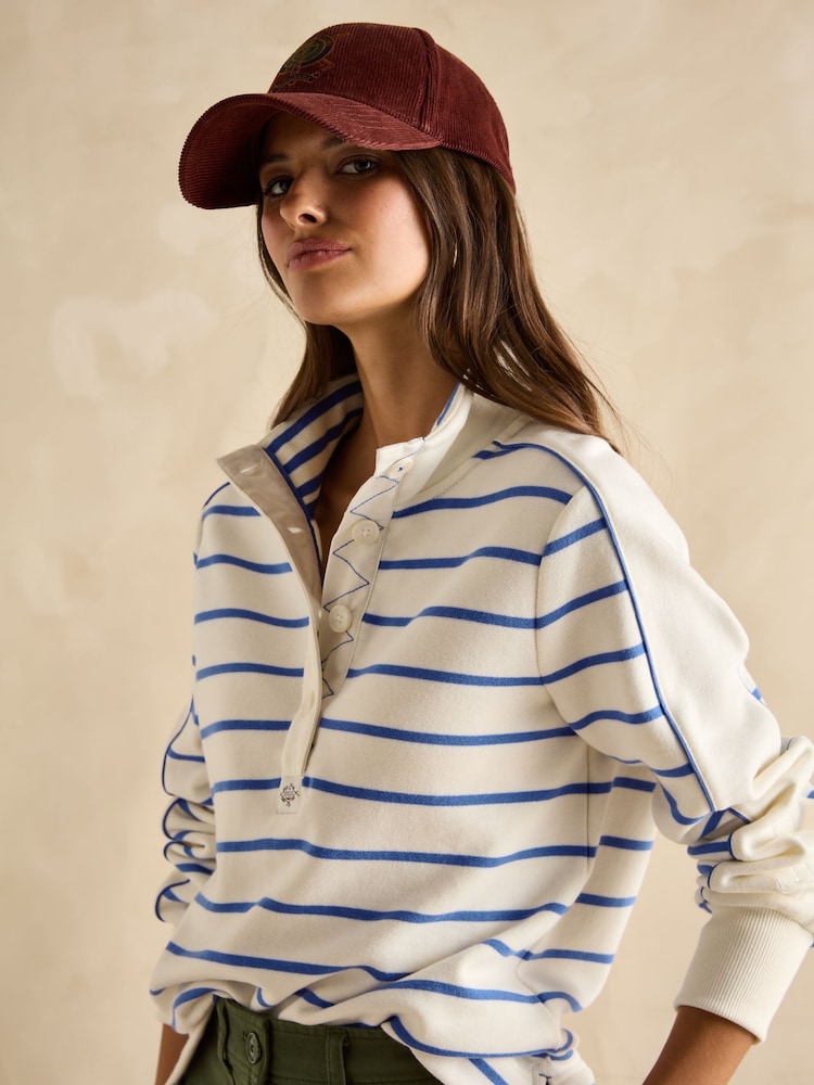 Joules Southwold Cream/Blue Cotton Button Down Striped Sweatshirt - Image 5 of 8