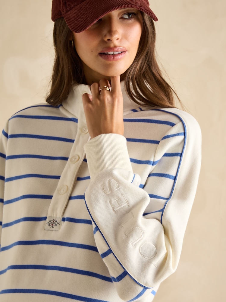 Joules Southwold Cream/Blue Cotton Button Down Striped Sweatshirt - Image 7 of 8