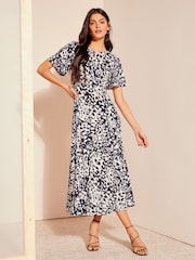 Friends Like These Navy Blue Animal Petite ITY Flutter Short Sleeve Midi Dress - Image 3 of 4