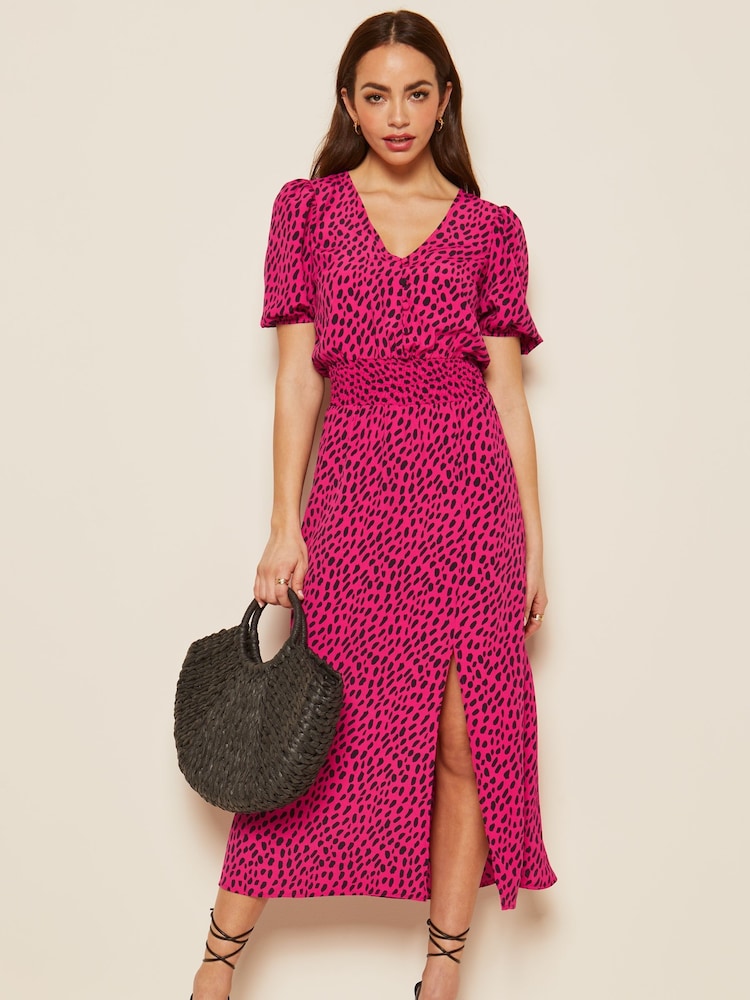 Friends Like These Pink Puff Sleeve Ruched Waist V Neck Midi Dress - Image 1 of 4 Friends Like These Pink Puff Sleeve Ruched Waist V Neck Midi Dress - Image 1 of 4