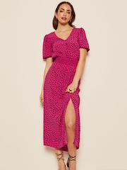 Friends Like These Pink Puff Sleeve Ruched Waist V Neck Midi Dress - Image 3 of 4
