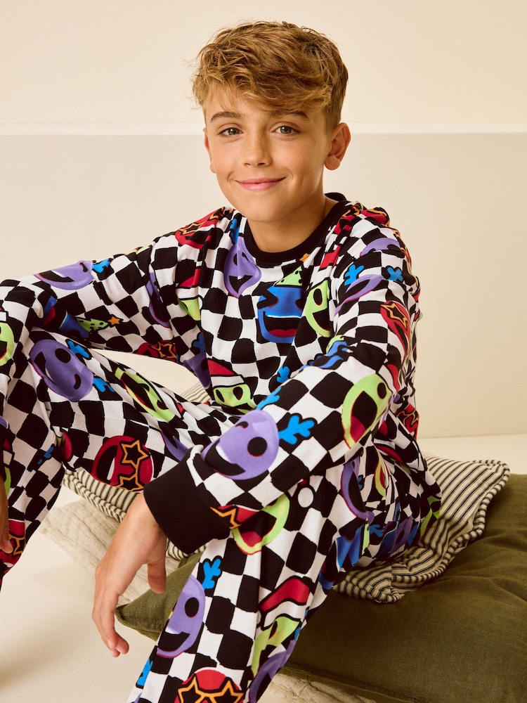 Multi Checkerboard Faces Single Long Sleeve 100% Cotton Pyjamas (3-16yrs) (3-16yrs) - Image 2 of 8 Multi Checkerboard Faces Single Long Sleeve 100% Cotton Pyjamas (3-16yrs) (3-16yrs) - Image 2 of 8
