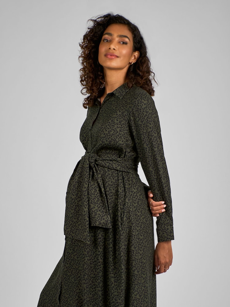 JoJo Maman Bébé Khaki Green Animal Print Maternity Midi Shirt Dress - Image 3 of 4