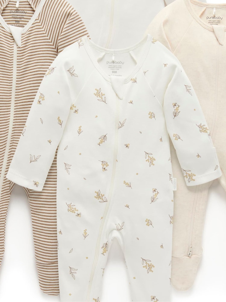 Purebaby Natural Zip 100% Cotton Sleepsuit 4 Pack - Image 4 of 5