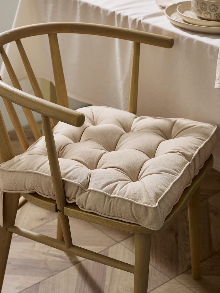 Natural Linen Look Padded 100% Cotton Dining Chair Seat Cushions - Image 1 of 3