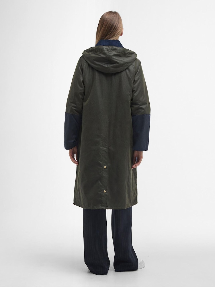 Barbour® International Olive Green Patchwork Carolyn Longline Wax 100% Cotton Coat - Image 2 of 7