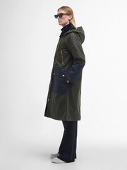 Barbour® International Olive Green Patchwork Carolyn Longline Wax 100% Cotton Coat - Image 3 of 7
