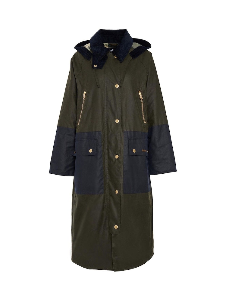 Barbour® International Olive Green Patchwork Carolyn Longline Wax 100% Cotton Coat - Image 7 of 7
