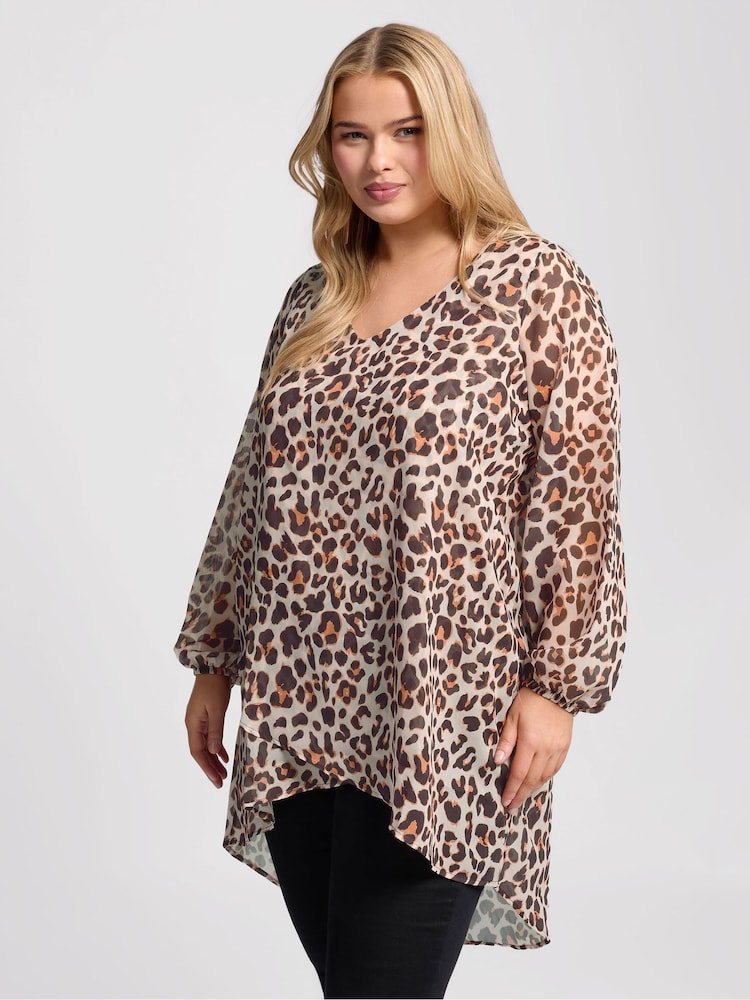 Natural - Yours Curve Leopard Print Wrap Front Blouse - Image 1 of 5