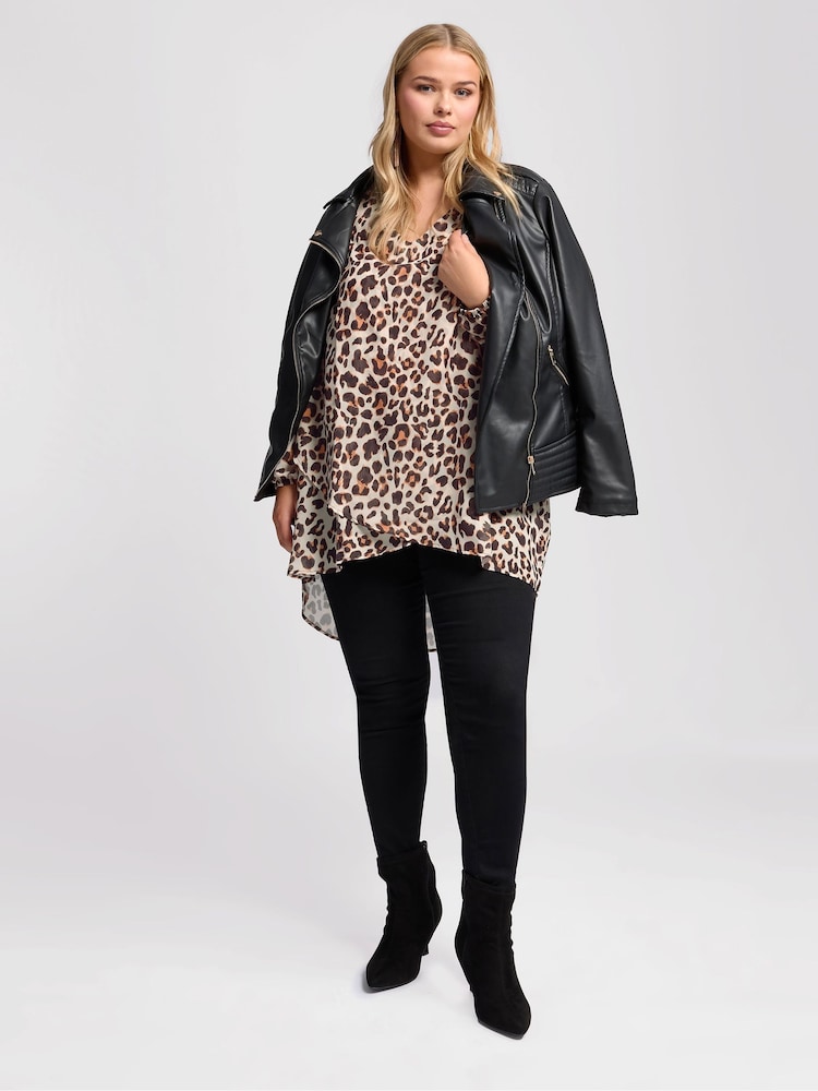 Natural - Yours Curve Leopard Print Wrap Front Blouse - Image 2 of 5 Natural - Yours Curve Leopard Print Wrap Front Blouse - Image 2 of 5