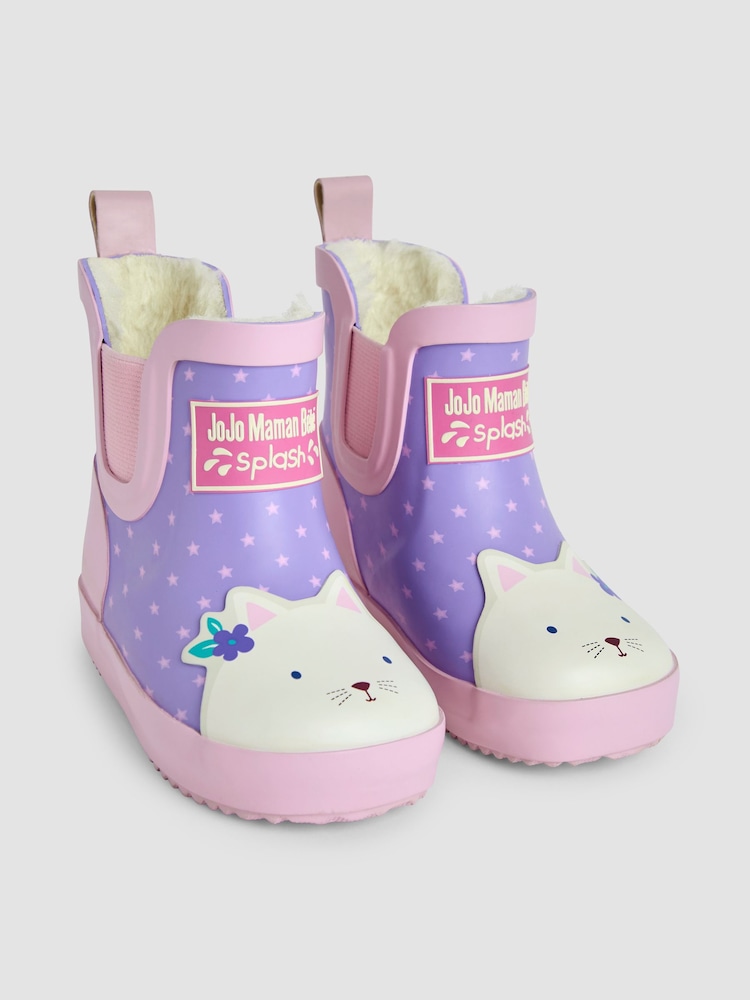 JoJo Maman Bébé Pink Cosy Lined Cat Ankle Wellies - Image 1 of 3