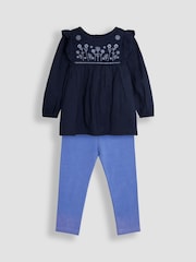 JoJo Maman Bébé Navy Blue Houndstooth Floral Embroidered Frill Blouse and Leggings Set 2 Piece - Image 1 of 4