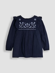 JoJo Maman Bébé Navy Blue Houndstooth Floral Embroidered Frill Blouse and Leggings Set 2 Piece - Image 2 of 4