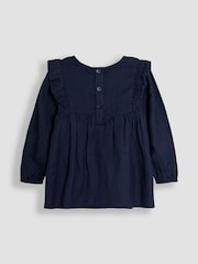 JoJo Maman Bébé Navy Blue Houndstooth Floral Embroidered Frill Blouse and Leggings Set 2 Piece - Image 3 of 4