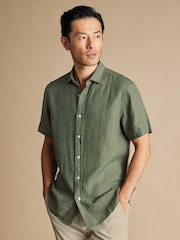 Charles Tyrwhitt Green Classic Fit Plain Short Sleeve Pure 100% Linen Shirt - Image 1 of 5