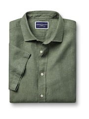 Charles Tyrwhitt Green Classic Fit Plain Short Sleeve Pure 100% Linen Shirt - Image 3 of 5