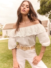 Lipsy White Embroidered Ruffle Bardot Top - Image 1 of 4