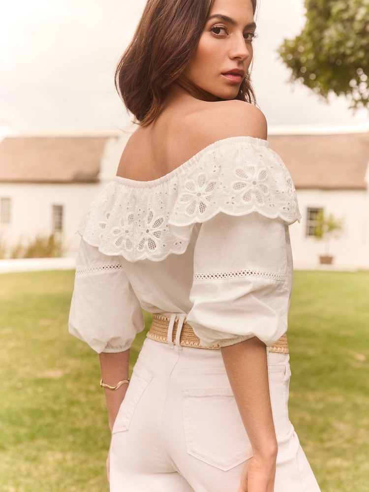 Lipsy White Embroidered Ruffle Bardot Top - Image 2 of 4