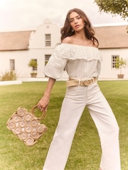 Lipsy White Embroidered Ruffle Bardot Top - Image 4 of 4