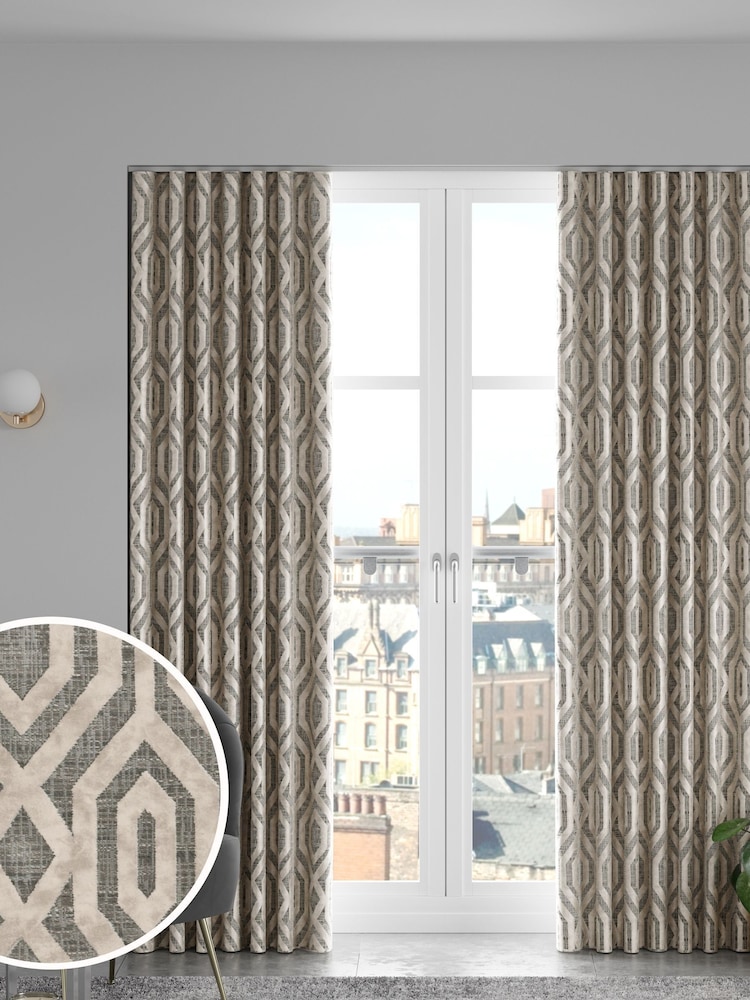 Natural/Champagne Collection Luxe Heavyweight Geometric Cut Velvet Made to Measure Curtains - Image 1 of 9