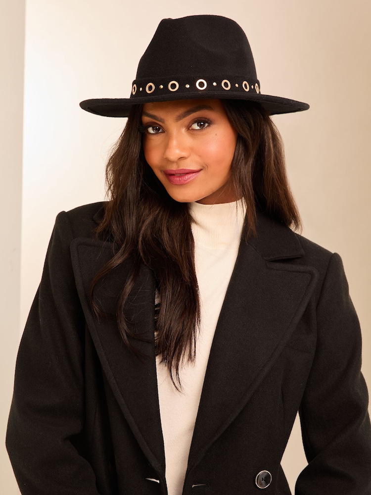 Lipsy Black Eyelet Detailing Faux Suede Fedora Hat - Image 1 of 2 Lipsy Black Eyelet Detailing Faux Suede Fedora Hat - Image 1 of 2