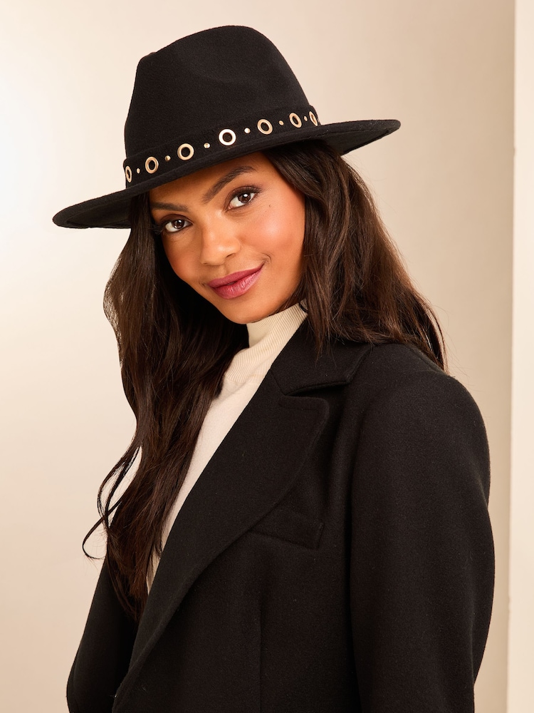 Lipsy Black Eyelet Detailing Faux Suede Fedora Hat - Image 2 of 2 Lipsy Black Eyelet Detailing Faux Suede Fedora Hat - Image 2 of 2