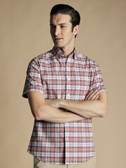 Charles Tyrwhitt Pink Check Short Sleeve Noniron Stretch Poplin Slub 100% Cotton Shirt - Image 1 of 5