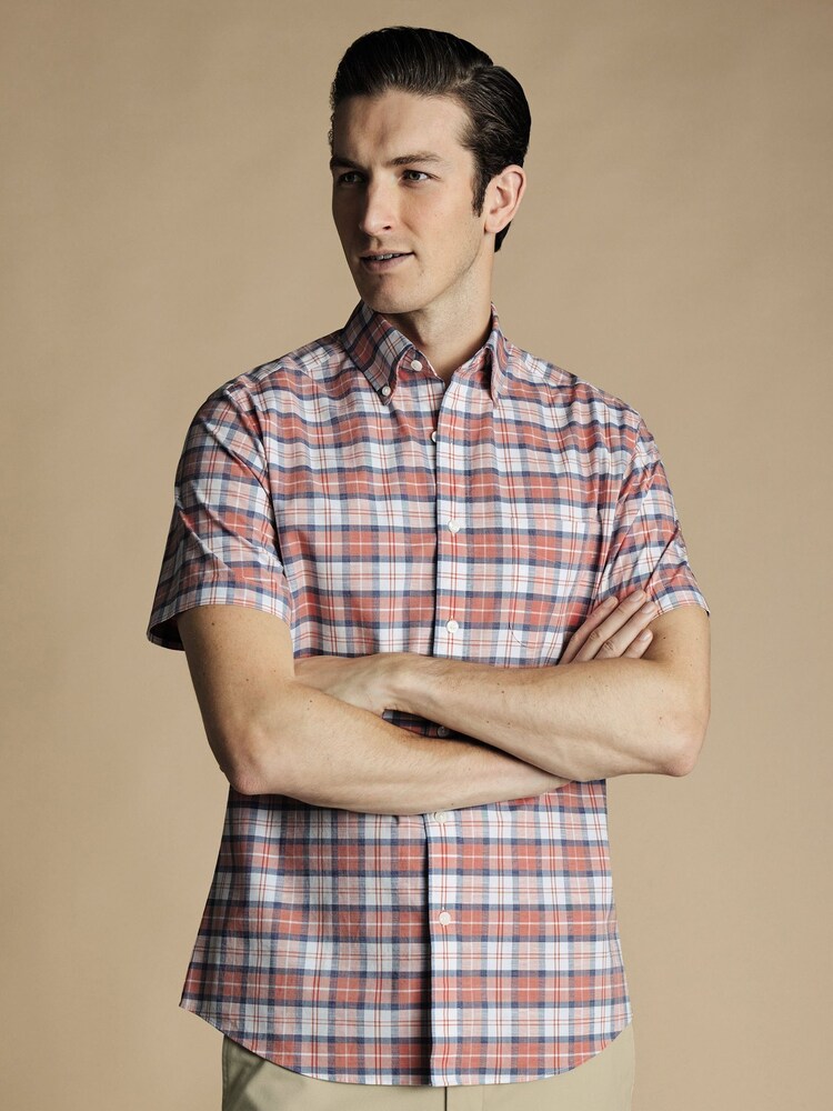 Charles Tyrwhitt Pink Check Short Sleeve Noniron Stretch Poplin Slub 100% Cotton Shirt - Image 1 of 5