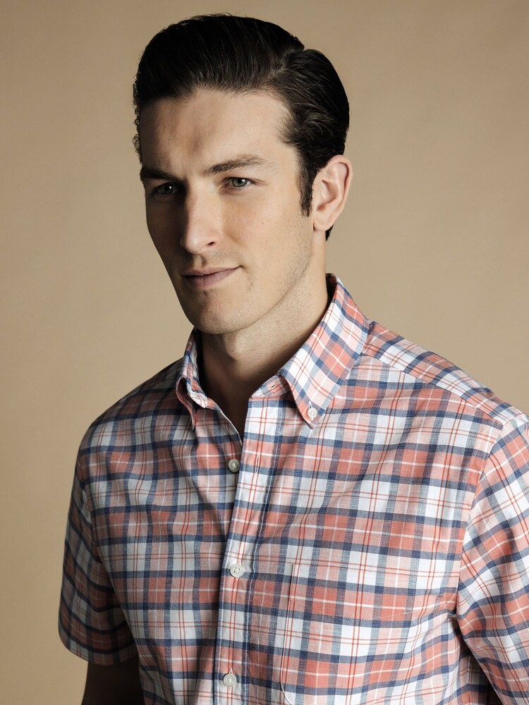 Charles Tyrwhitt Pink Check Short Sleeve Noniron Stretch Poplin Slub 100% Cotton Shirt - Image 2 of 5