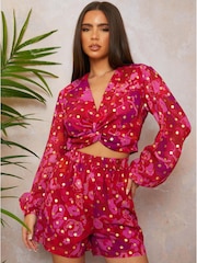 Chi Chi London Red Twist Front Abstract Foil Spot Print Shirt - Image 1 of 4