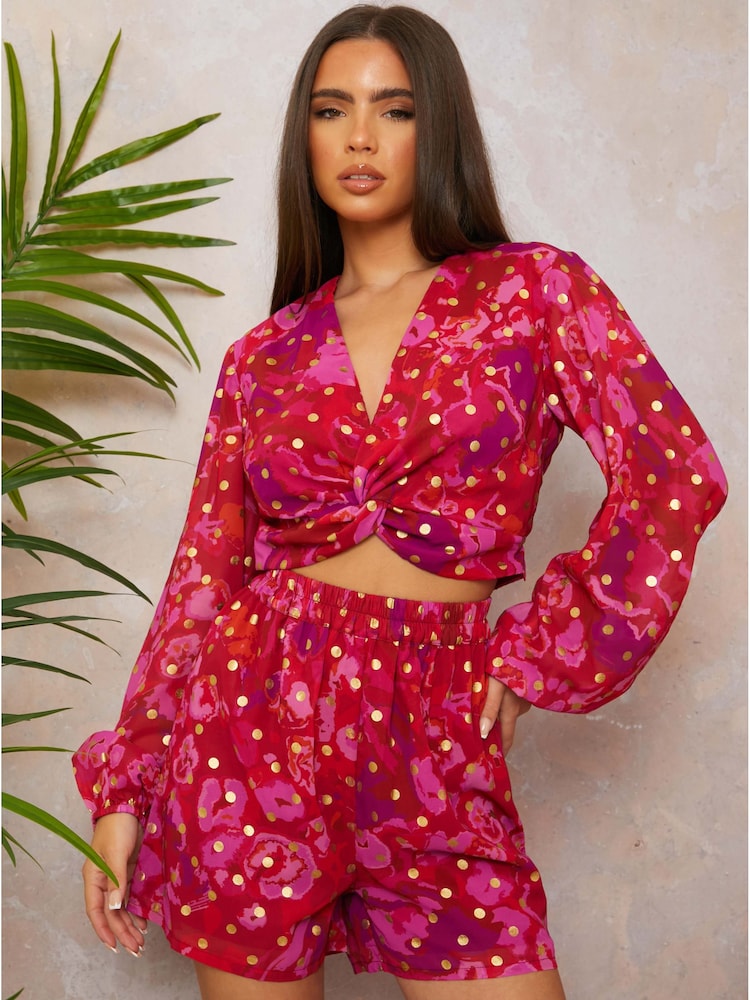 Chi Chi London Red Twist Front Abstract Foil Spot Print Shirt - Image 1 of 4