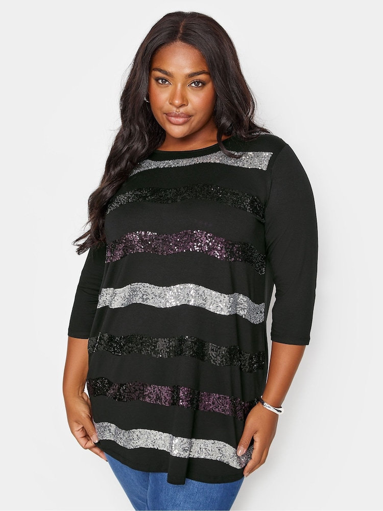 Yours Curve Black Sequin Embellished Stripe Top - Image 1 of 5