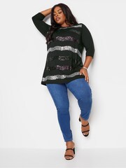 Yours Curve Black Sequin Embellished Stripe Top - Image 2 of 5